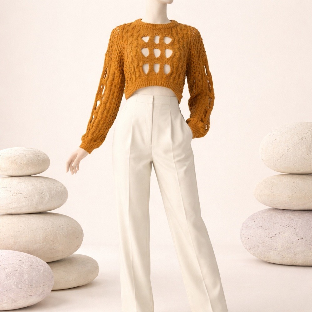 Cider Womens 1XL Rust Brown Open Knit Cropped Sweater‎ Cable Cutout Long Sleeve